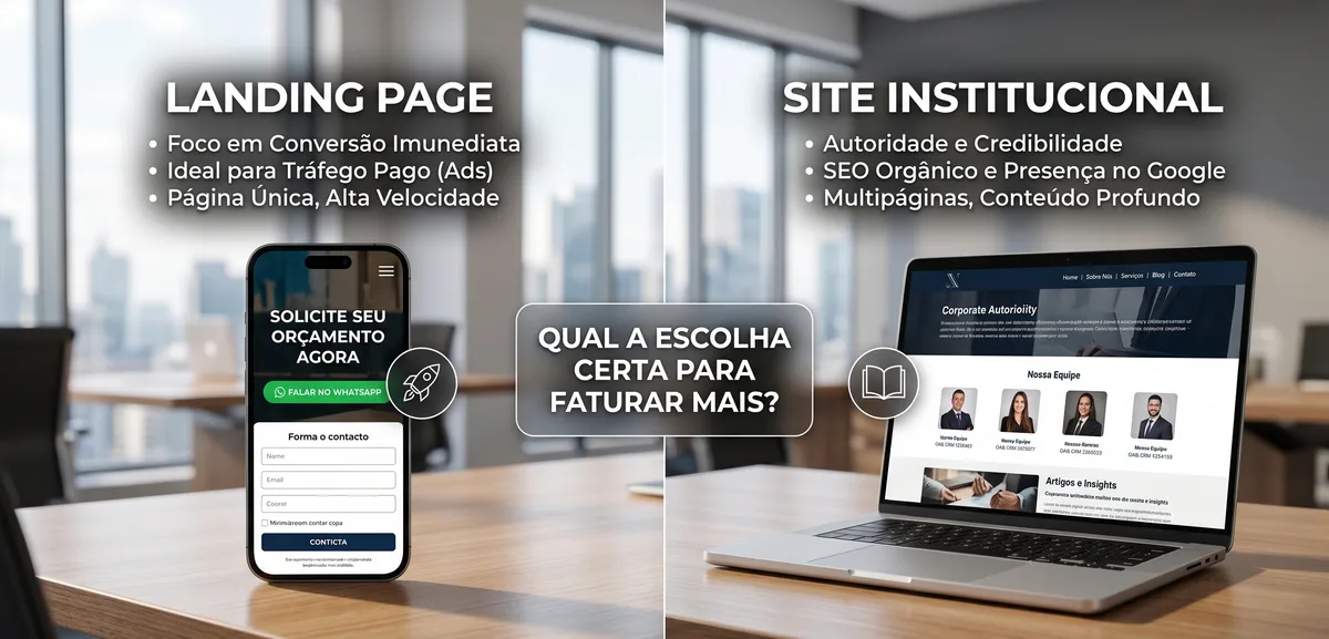 Comparativo entre Landing Page de alta performance e Site Institucional completo para conversão de vendas